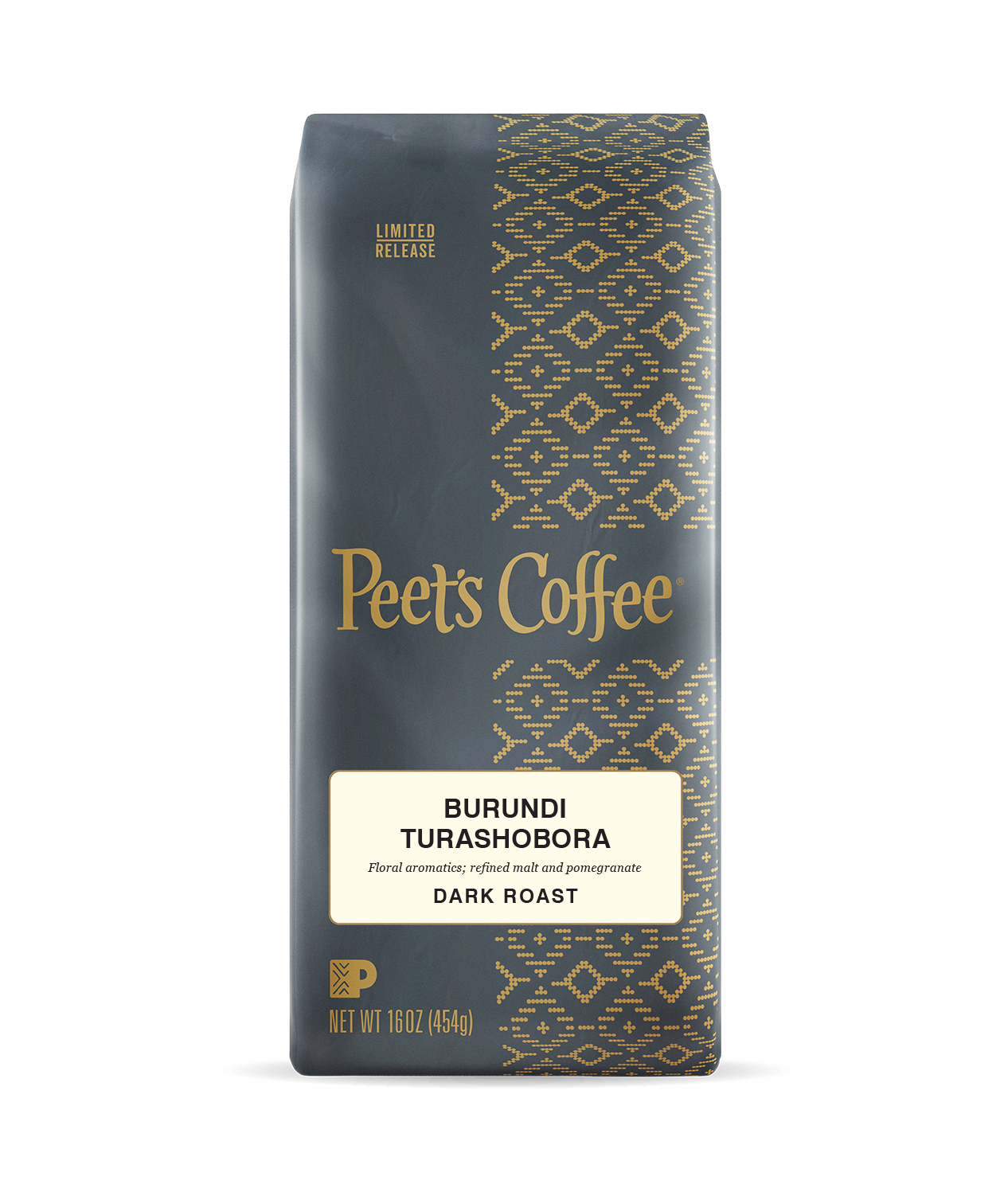 Peet's Coffee Burundi Turashobora Dark Roast Coffee beans in a grey 16 ounce bag