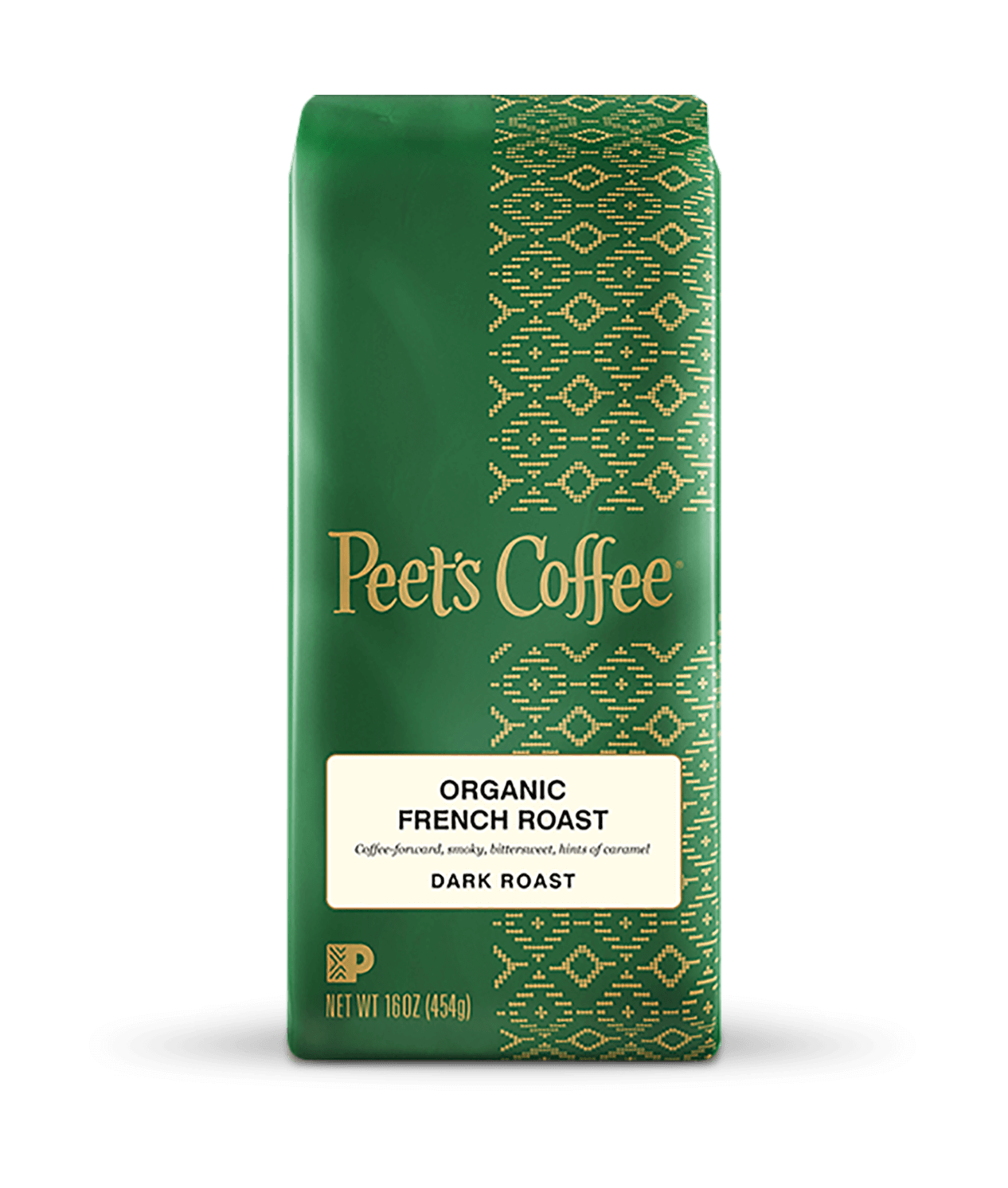 Peet's French Roast Coffee beans in a green 16 ounce bag
